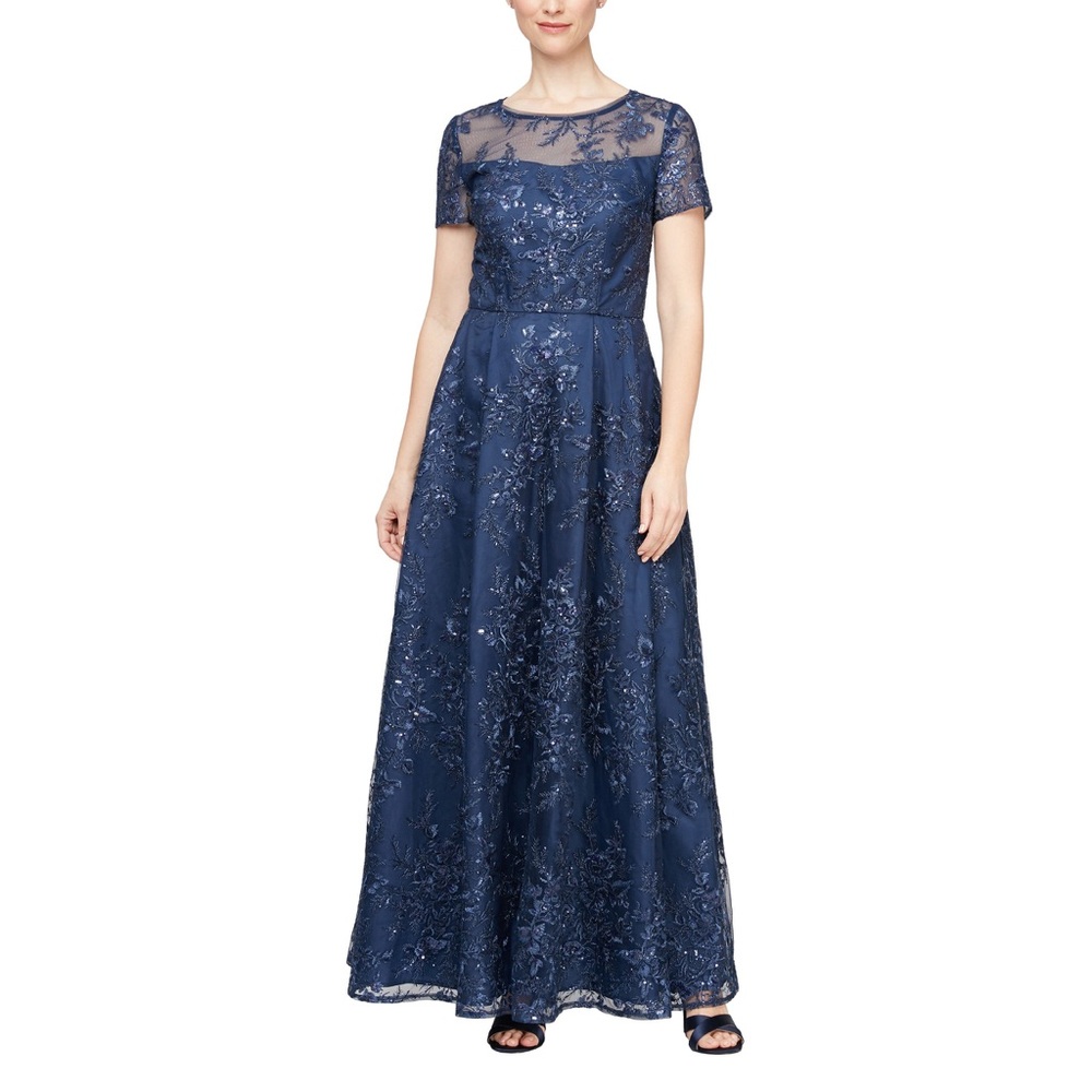 Navy Alex Evenings Long Embroidered Formal Short Sleeve Dress SZ 8